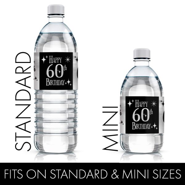 60th Birthday: Black and Silver - Adult Birthday -  Water Bottle Label Stickers - 24 Waterproof Stickers For Cheap - Image 3