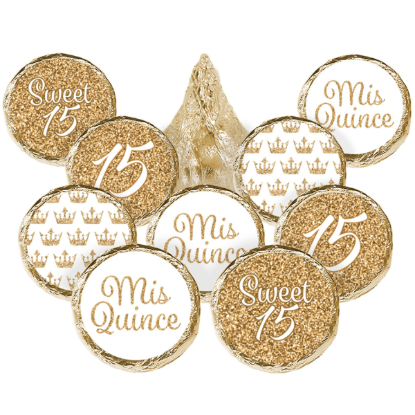 Quinceañera: White & Gold - Sparkling Mis Quince 15th Birthday - Party Favor Stickers - Fits on Hershey®Kisses - 180 Stickers Discount