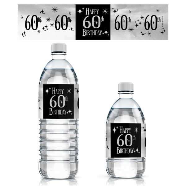 60th Birthday: Black and Silver - Adult Birthday -  Water Bottle Label Stickers - 24 Waterproof Stickers For Cheap