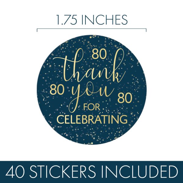 80th Birthday: Navy Blue & Gold - Adult Birthday - Thank You Stickers on Sale - Image 4