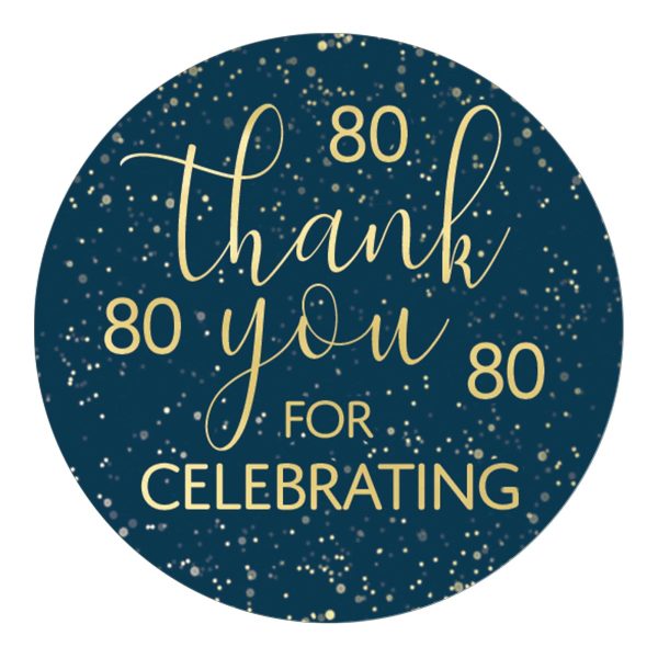 80th Birthday: Navy Blue & Gold - Adult Birthday - Thank You Stickers on Sale