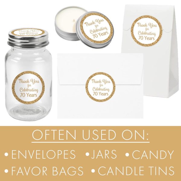 70th Birthday: White and Gold Party - Adult Birthday - Thank You -  Round Favor Stickers - 40 Stickers Sale - Image 4