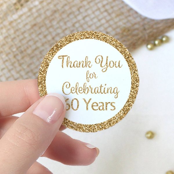60th Birthday: White and Gold - Adult Birthday -  Thank You - Round Favor Stickers - 40 Stickers Cheap - Image 2