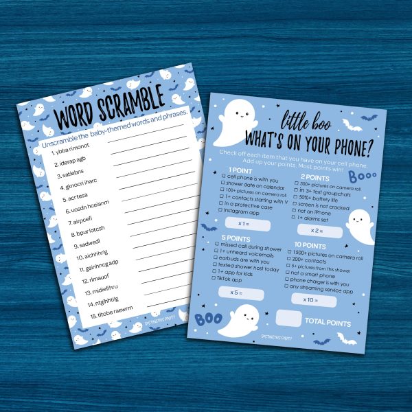 Little Boo: Blue - Boy Baby Shower Game - What s On Your Phone and Word Scramble - Two Game Bundle -  20 Dual Sided Cards Online - Image 2