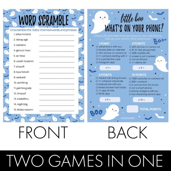 Little Boo: Blue - Boy Baby Shower Game - What s On Your Phone and Word Scramble - Two Game Bundle -  20 Dual Sided Cards Online - Image 3