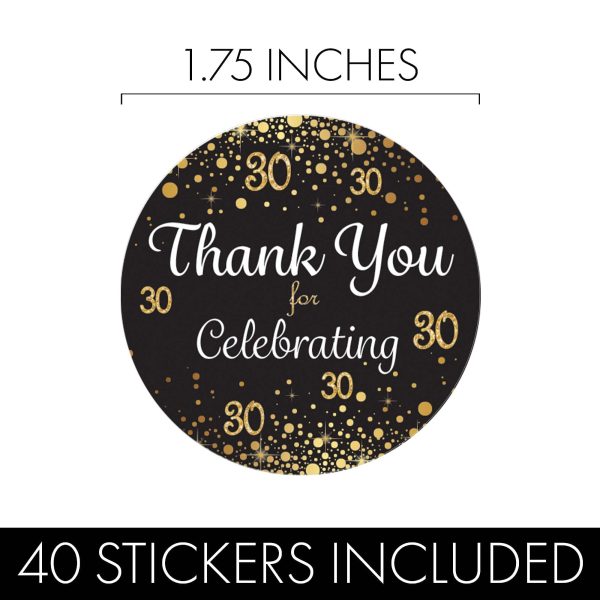 30th Birthday: Black & Gold - Adult Birthday - Thank You Stickers - 40 Stickers Supply - Image 3