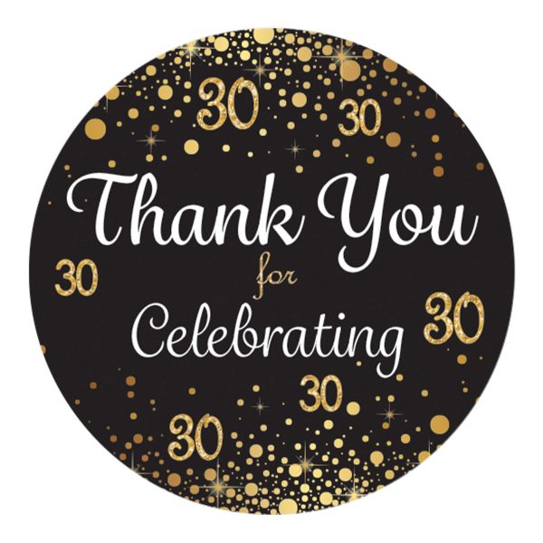 30th Birthday: Black & Gold - Adult Birthday - Thank You Stickers - 40 Stickers Supply