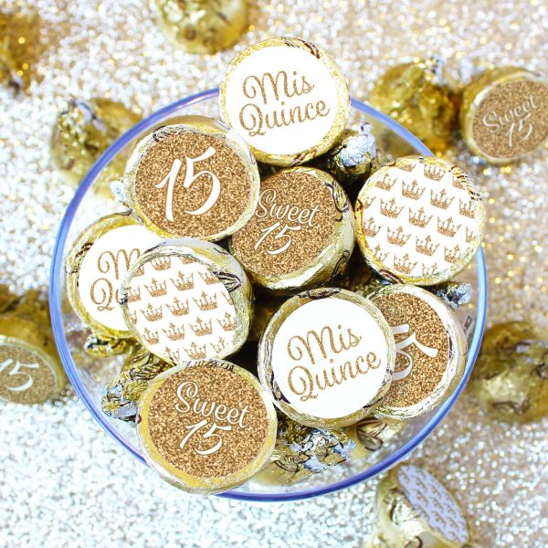Quinceañera: White & Gold - Sparkling Mis Quince 15th Birthday - Party Favor Stickers - Fits on Hershey®Kisses - 180 Stickers Discount - Image 2