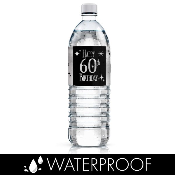 60th Birthday: Black and Silver - Adult Birthday -  Water Bottle Label Stickers - 24 Waterproof Stickers For Cheap - Image 5