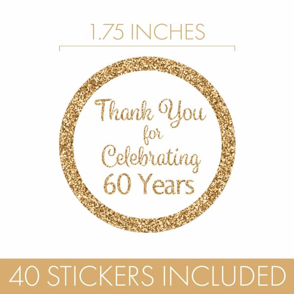 60th Birthday: White and Gold - Adult Birthday -  Thank You - Round Favor Stickers - 40 Stickers Cheap - Image 3