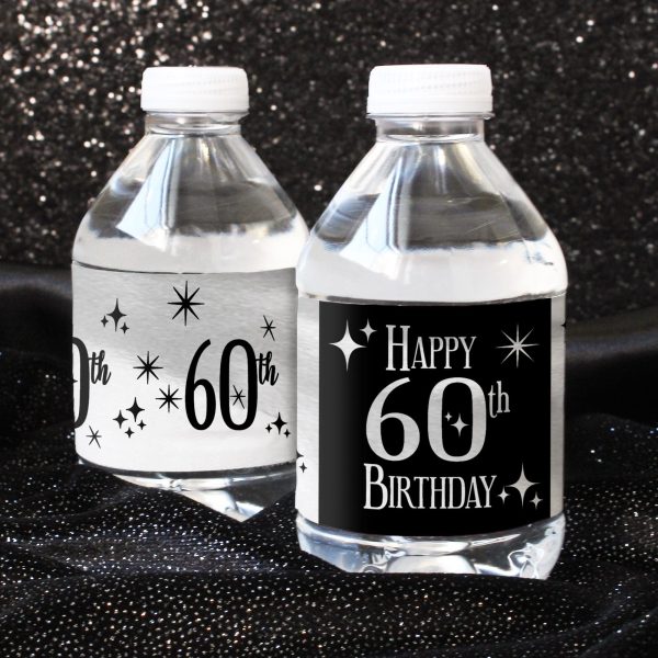 60th Birthday: Black and Silver - Adult Birthday -  Water Bottle Label Stickers - 24 Waterproof Stickers For Cheap - Image 2