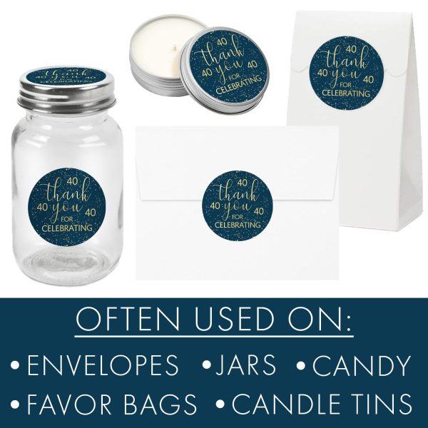 40th Birthday: Navy Blue & Gold - Adult Birthday -  Thank You Stickers on Sale - Image 5