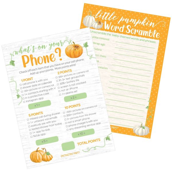 Little Pumpkin: Orange -  Baby Shower Game  - What s On Your Phone and Word Scramble - Two Game Bundle - 20 Dual Sided Cards Cheap