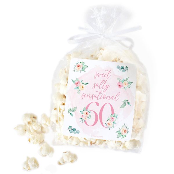 60th Birthday: Floral - Popcorn, Chip Bag, and Snack Bag Stickers - 32 Stickers Fashion