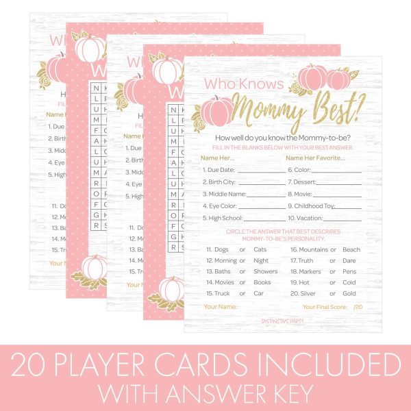 Little Pumpkin: Pink & Gold - Baby Shower Game - Word Search and Who Knows Mommy Best Party Activity - Two Game Bundle  - Fall, Girl - 20 Dual Sided Cards For Discount - Image 4