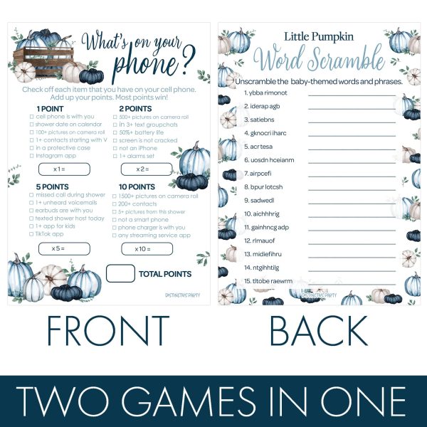 Little Pumpkin: Blue - Baby Shower Game Bundle - What s On Your Phone and Word Scramble - 2 Sided Game  - Fall, Boy - 20 Cards Hot on Sale - Image 3