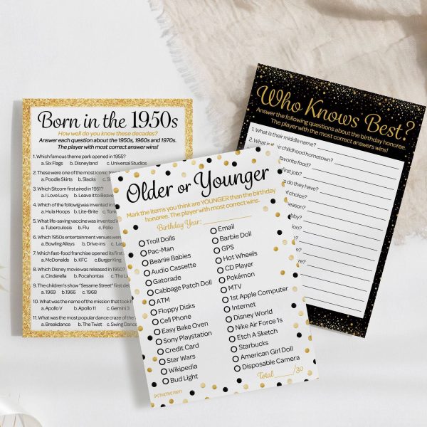 Born in The 1950s Black & Gold - 70th or 75th Birthday Party Game Bundle - 3 Games for 20 Guests Fashion - Image 5