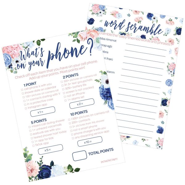 Navy & Blush Floral: Baby Shower Game - What s On Your Phone and Word Scramble - Two Game Bundle - Gender Reveal -  20 Dual-Sided Game Cards For Cheap