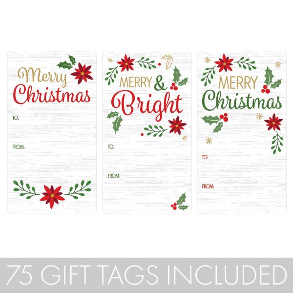 Christmas Gift Tag Stickers: Classic Poinsettia & Holly Merry Christmas  - 75 Stickers Cheap - Image 3