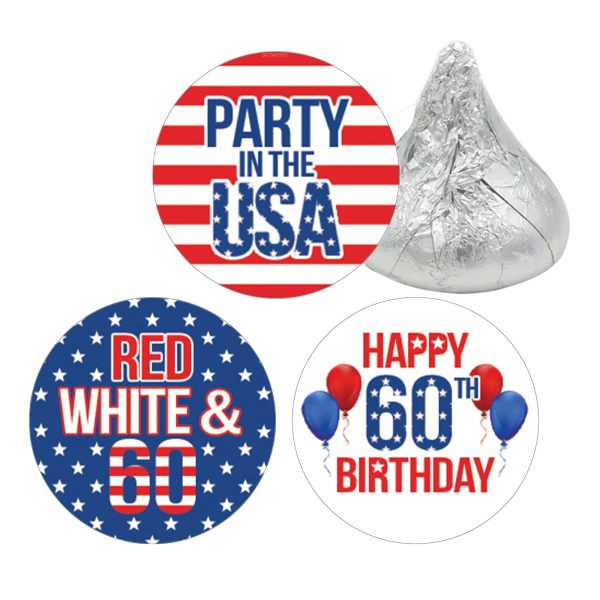 60th Birthday: Red White & Blue - Favor Stickers Fits on Hershey s Kisses - 180 Stickers Hot on Sale