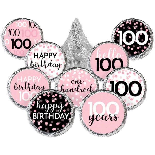 100th Birthday: Pink and Black - Adult Birthday - Party Favor Stickers - Fits on Hershey s Kisses - 180 Stickers Online Sale