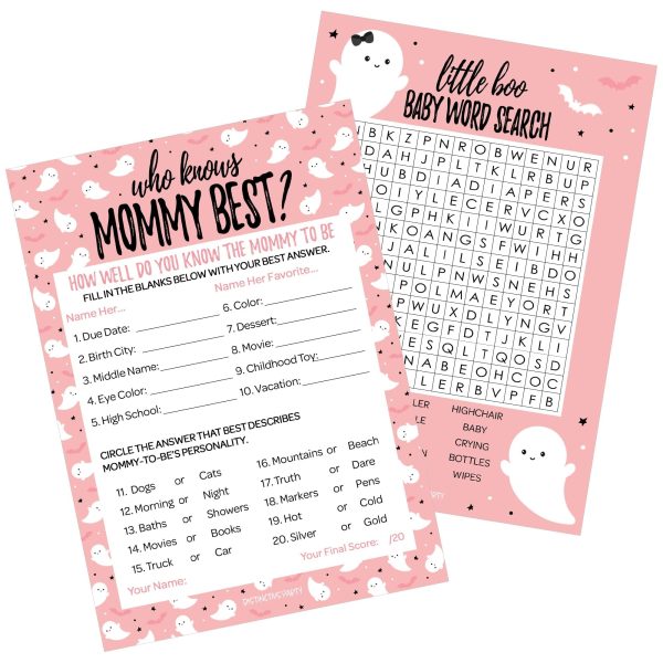 Little Boo: Pink - Baby Shower Game  - Word Search and Who Knows Mommy Best - Two Game Bundle - 20 Dual Sided Cards Cheap