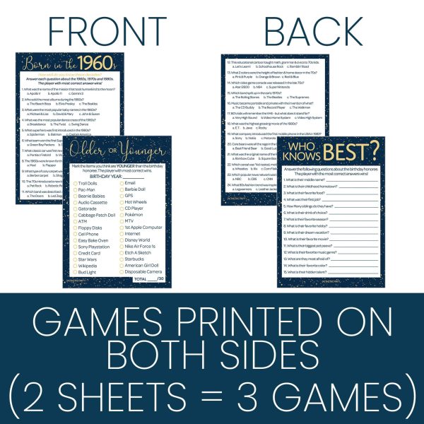 Born in The 1960s: Navy Blue & Gold - 60th or 65th Birthday Party Game Bundle - 3 Games for 20 Guests Discount - Image 2